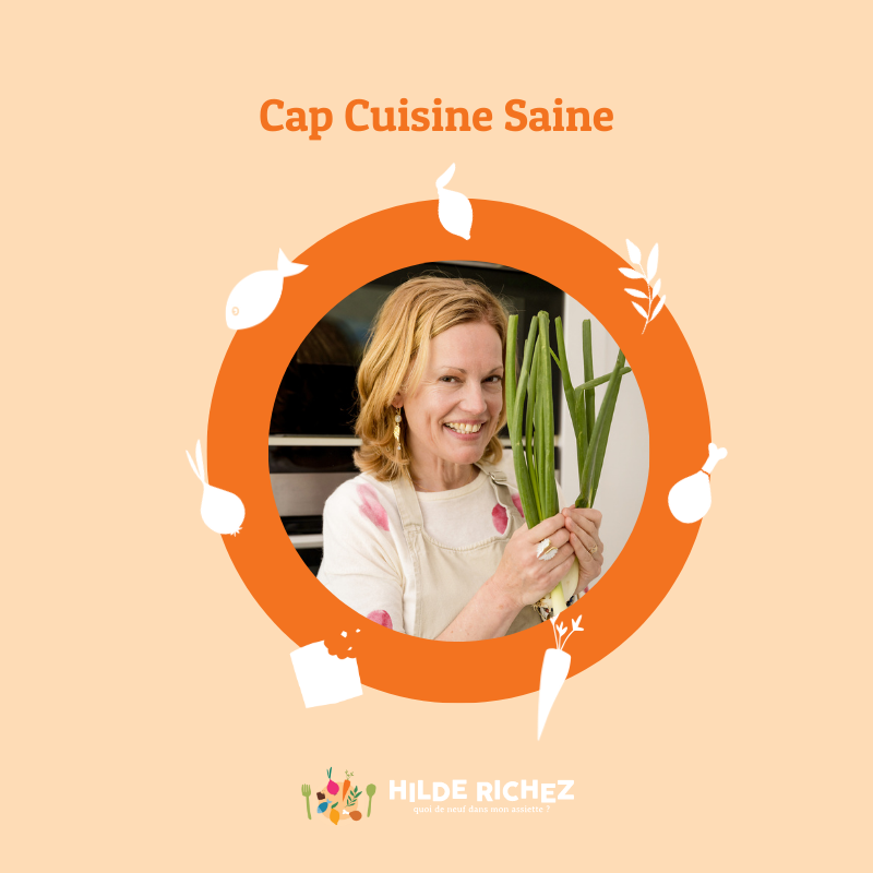 Hilde Richez tenant des légumes dans sa main pour promouvoir son accompagnement alimentaire Cap Cuisine Saine